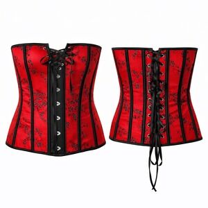 Floral Red Cherry Blossom Hook and Eye Front Lace Up Back Corset Stretch XL/1X